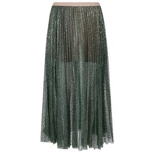 Pinko Dark Green Sequin Pleated Maxi Skirt with Pale Pink Waistband